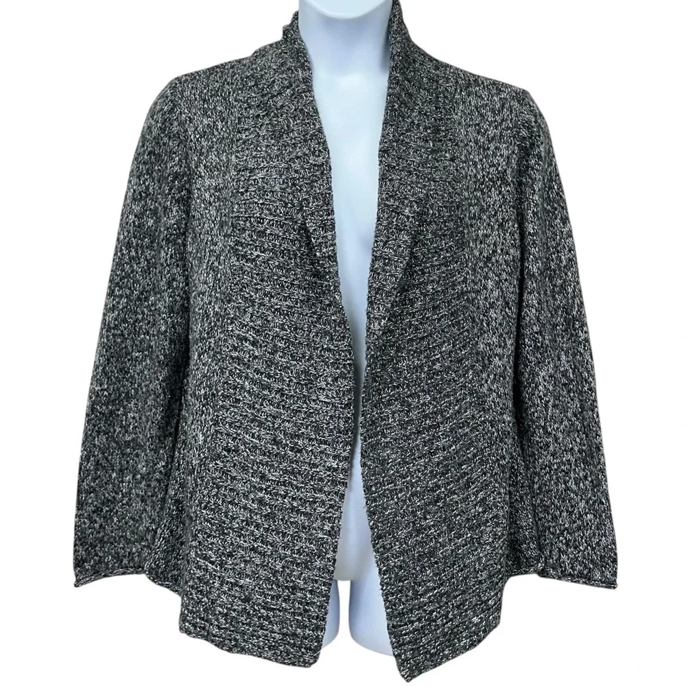 St Johns Bay Sweater Womens P XL Gray Marled Open Front Cardigan Knit Rolled Hem
